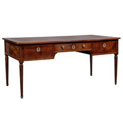 French Louis XVI Walnut Bureau Plat with Brown Leather Top and Fluted Detail