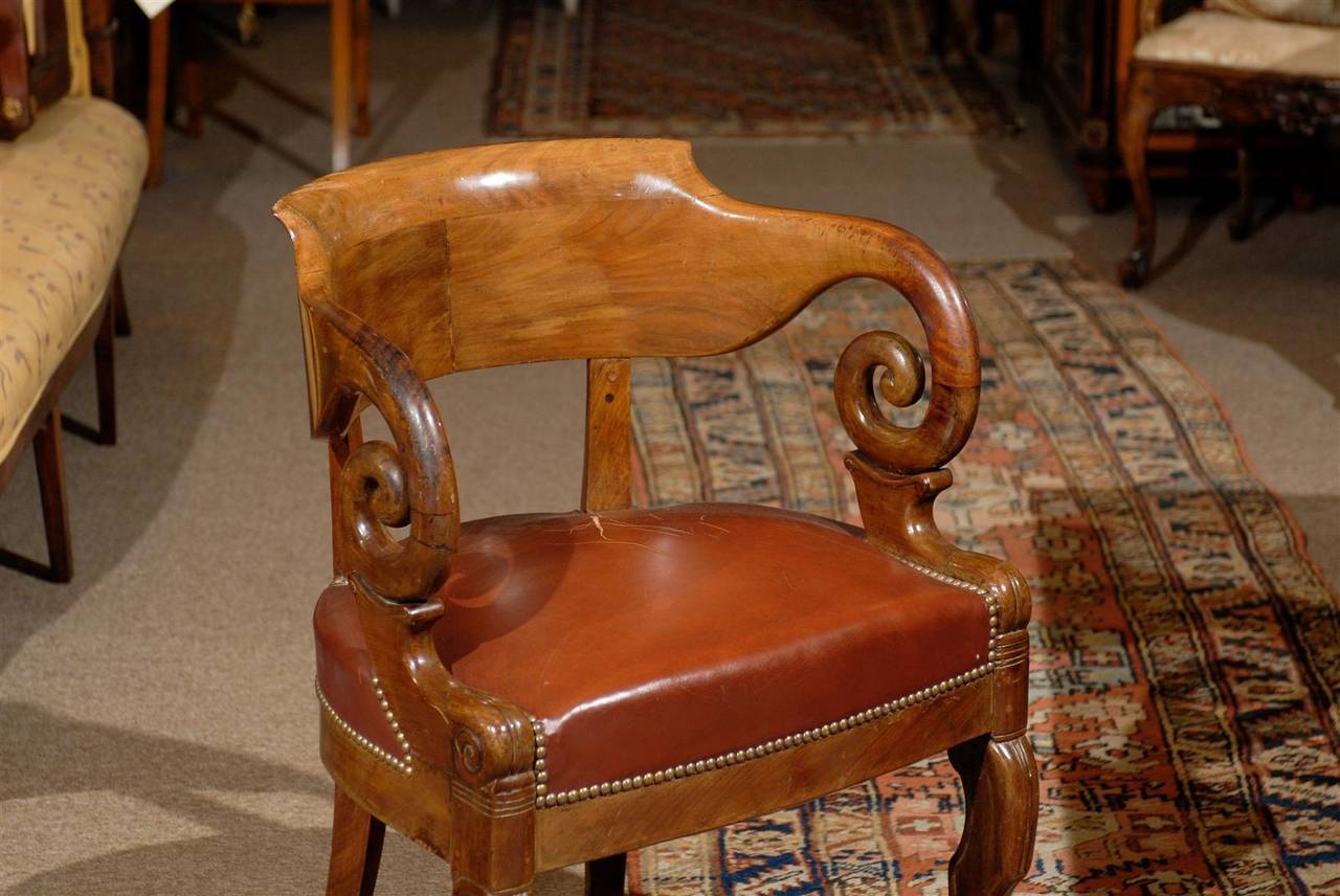 Early 19th Century French Restoration Period Walnut Desk Chair with Leather Seat 2