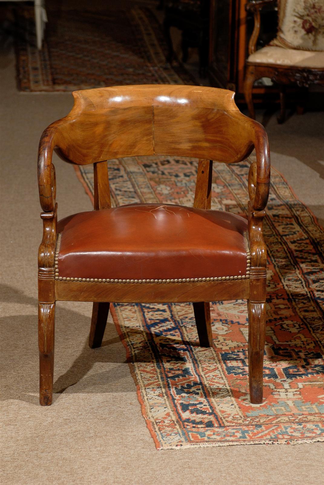 Early 19th Century French Restoration Period Walnut Desk Chair with Leather Seat 6
