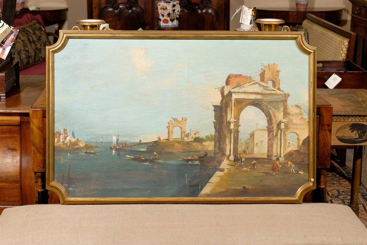 Italian oil on canvas classical painting in the manner of Francesco Guardi. 

 William Word Fine Antiques: Atlanta's source for antique interiors.