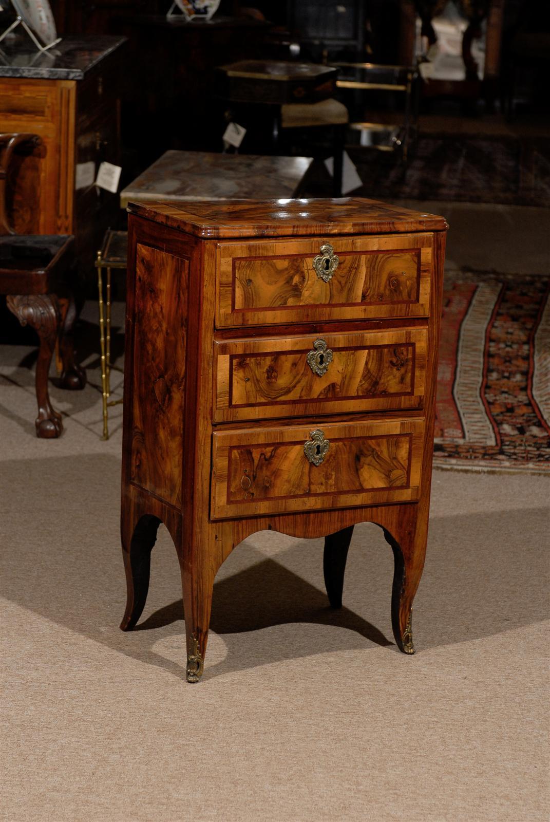 Petite Walnut Italian Neoclassical Three Drawer Commode 