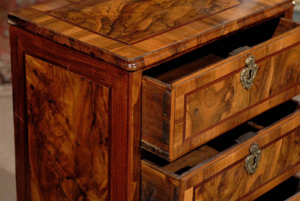 Petite Walnut Italian Neoclassical Three Drawer Commode 