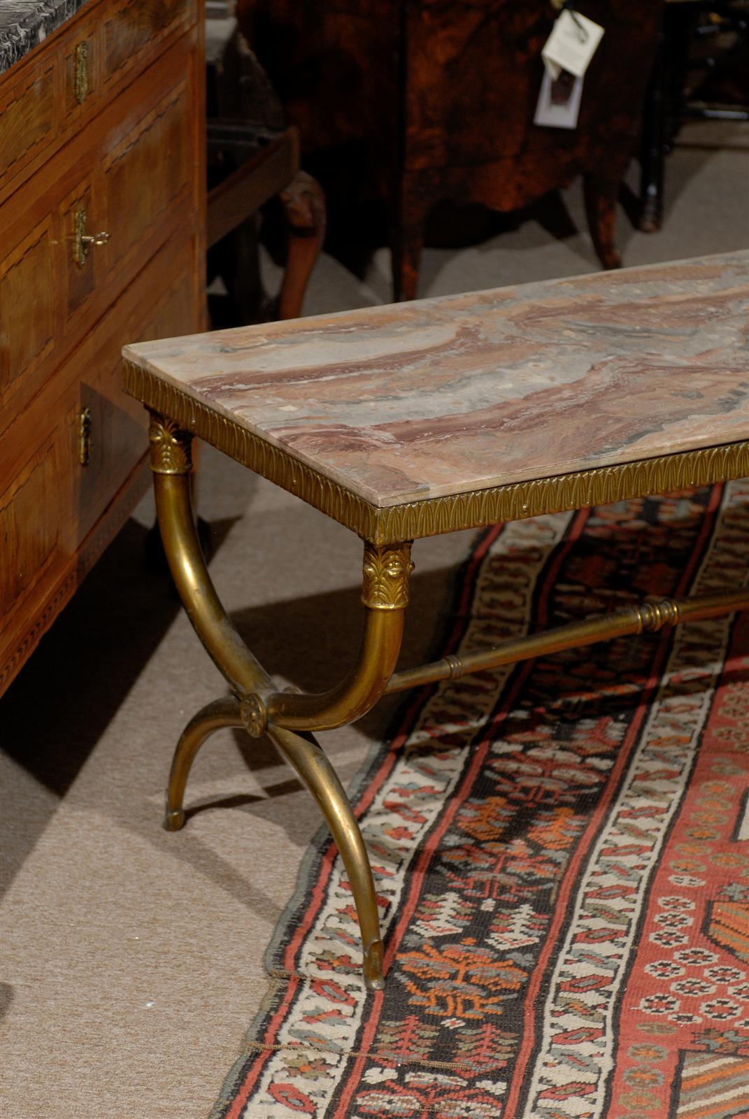 20th Century Neoclassical Style X Leg Brass Coffee Table with Marble Top