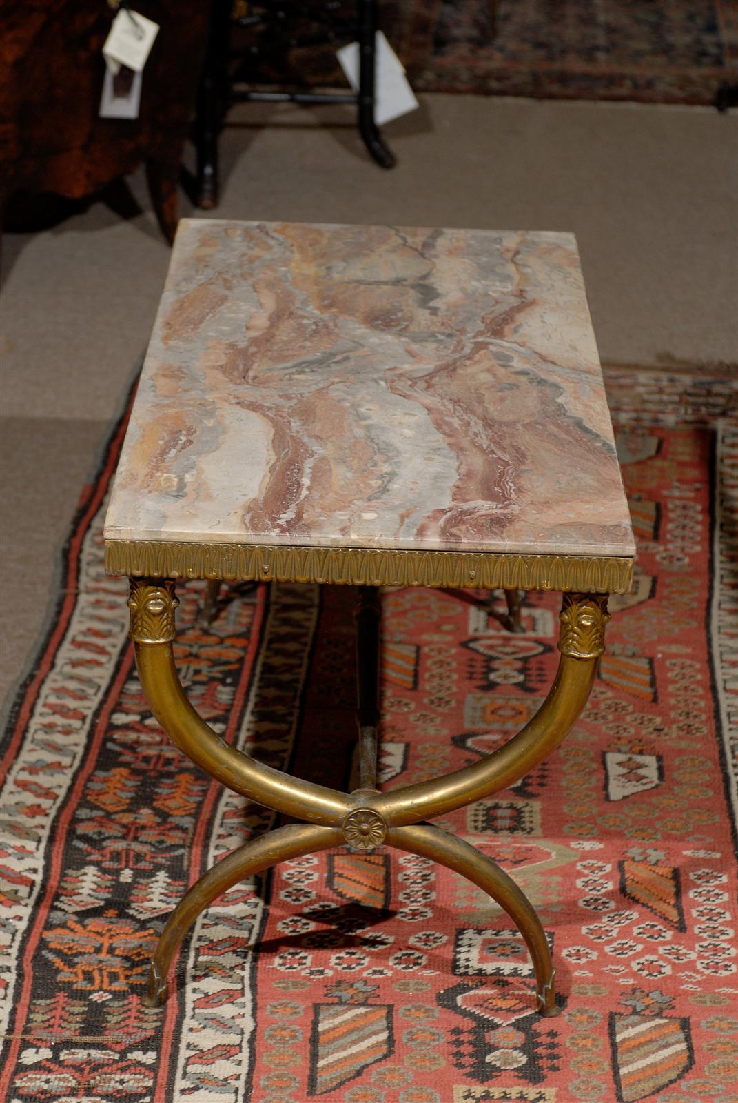 Neoclassical Style X Leg Brass Coffee Table with Marble Top In Excellent Condition In Atlanta, GA