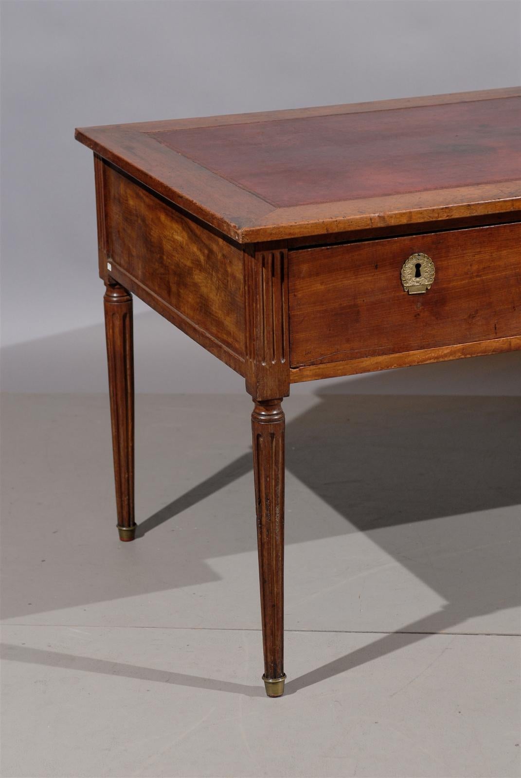French Louis XVI Walnut Bureau Plat with Brown Leather Top and Fluted Detail 6
