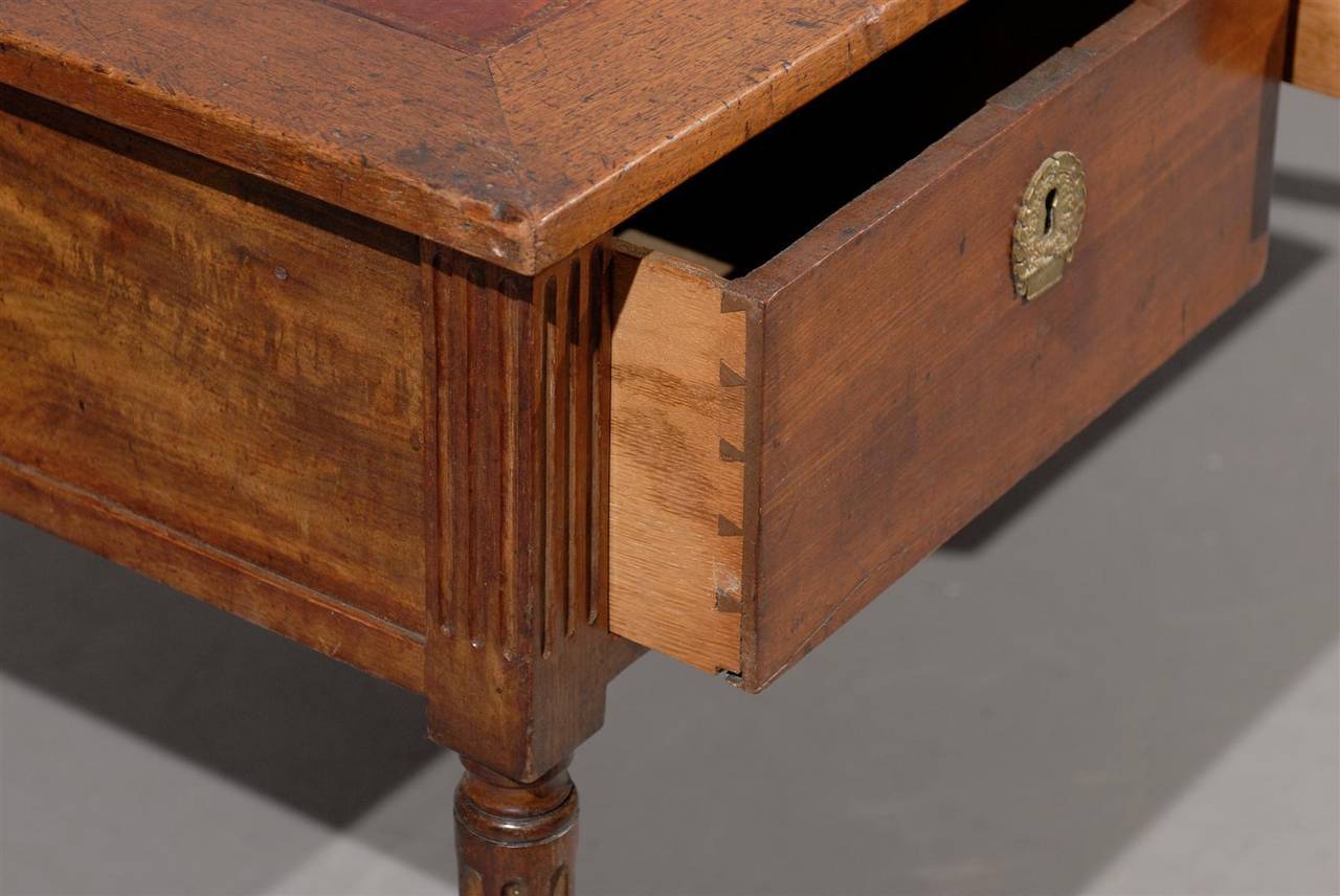 French Louis XVI Walnut Bureau Plat with Brown Leather Top and Fluted Detail 4