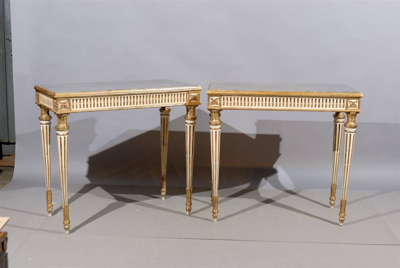 Pair of 19th Century Italian Neoclassical Style Consoles wiith Grey Marble