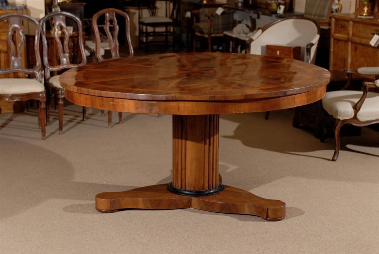Large Round 19th Century Italian Center Table with Inlaid Top and Pedestal Base