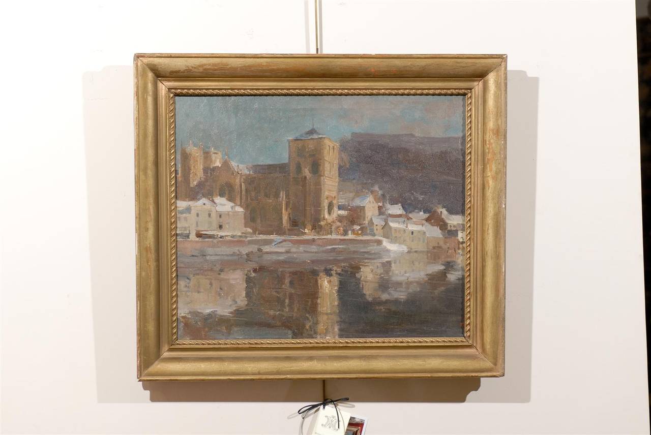 Large Gilt Framed Italian Oil on Canvas Painting of Harbor Scene, circa 1910