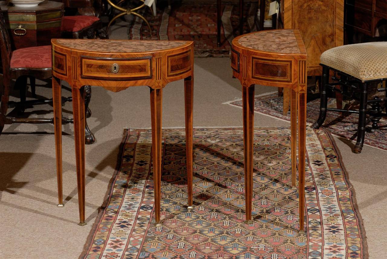 Pair of Petite Italian Neoclassical Style Demilune Consoles with Marble Tops 3