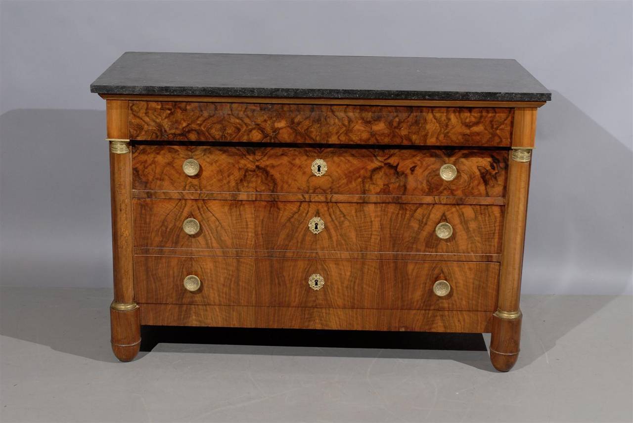 19th Century French Empire Walnut Commode with Marble Top