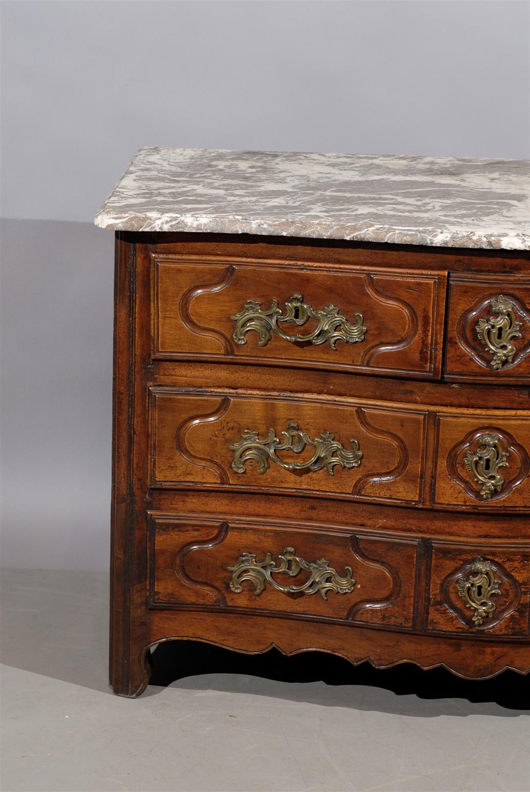 18th Century Provincial Louis XV Walnut, Three-Drawer Commode with Marble Top For Sale 2