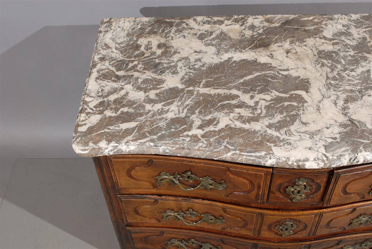 18th Century Provincial Louis XV Walnut, Three-Drawer Commode with Marble Top For Sale 5