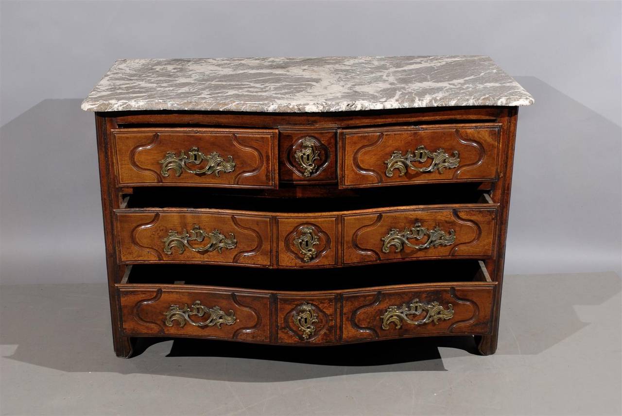 18th Century Provincial Louis XV Walnut, Three-Drawer Commode with Marble Top For Sale 3