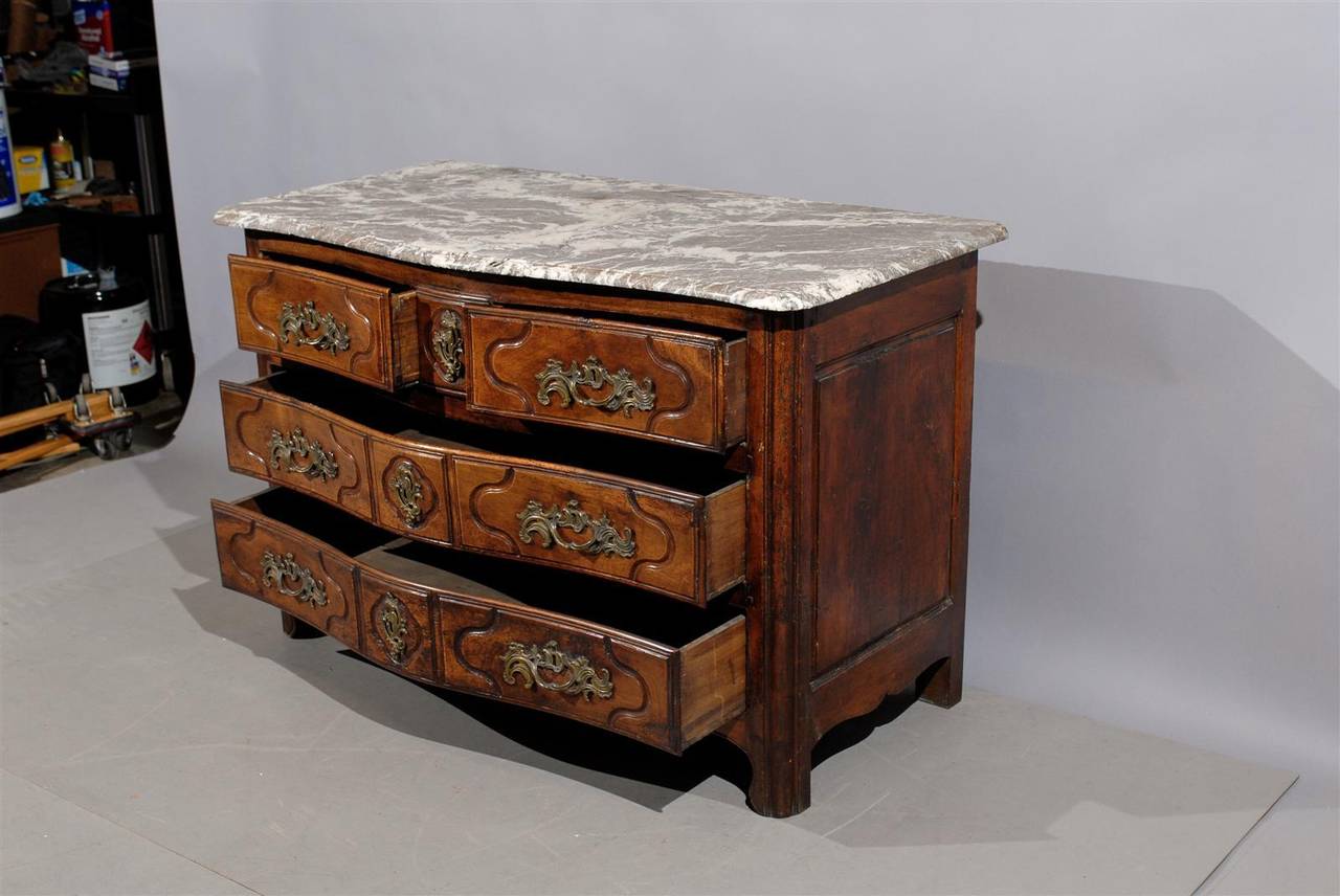 French 18th Century Provincial Louis XV Walnut, Three-Drawer Commode with Marble Top For Sale