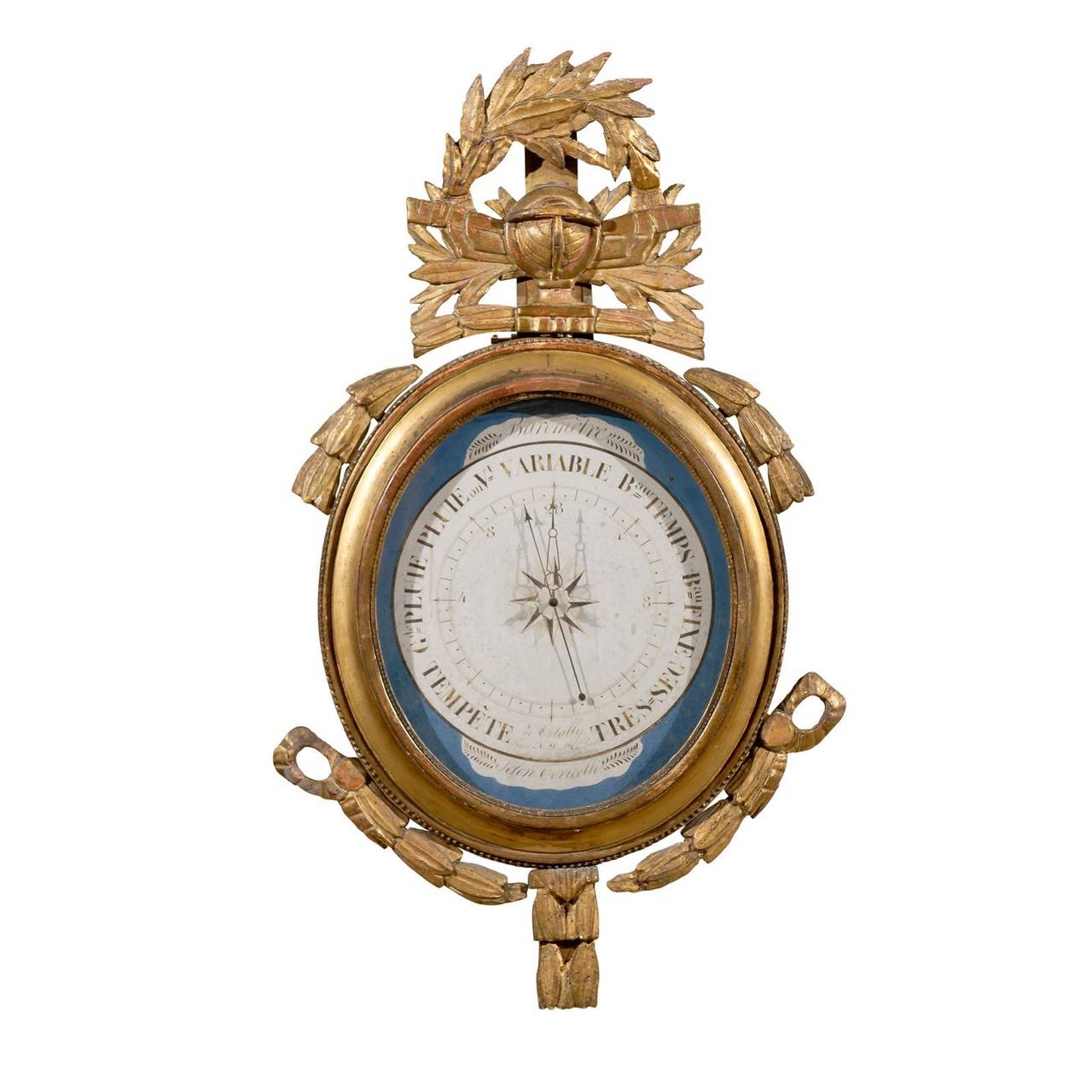 19th century Louis XVI style giltwood barometer with blue accented face and laurel leaves. 

William Word Fine Antiques: Atlanta's source for antique interiors since 1956.