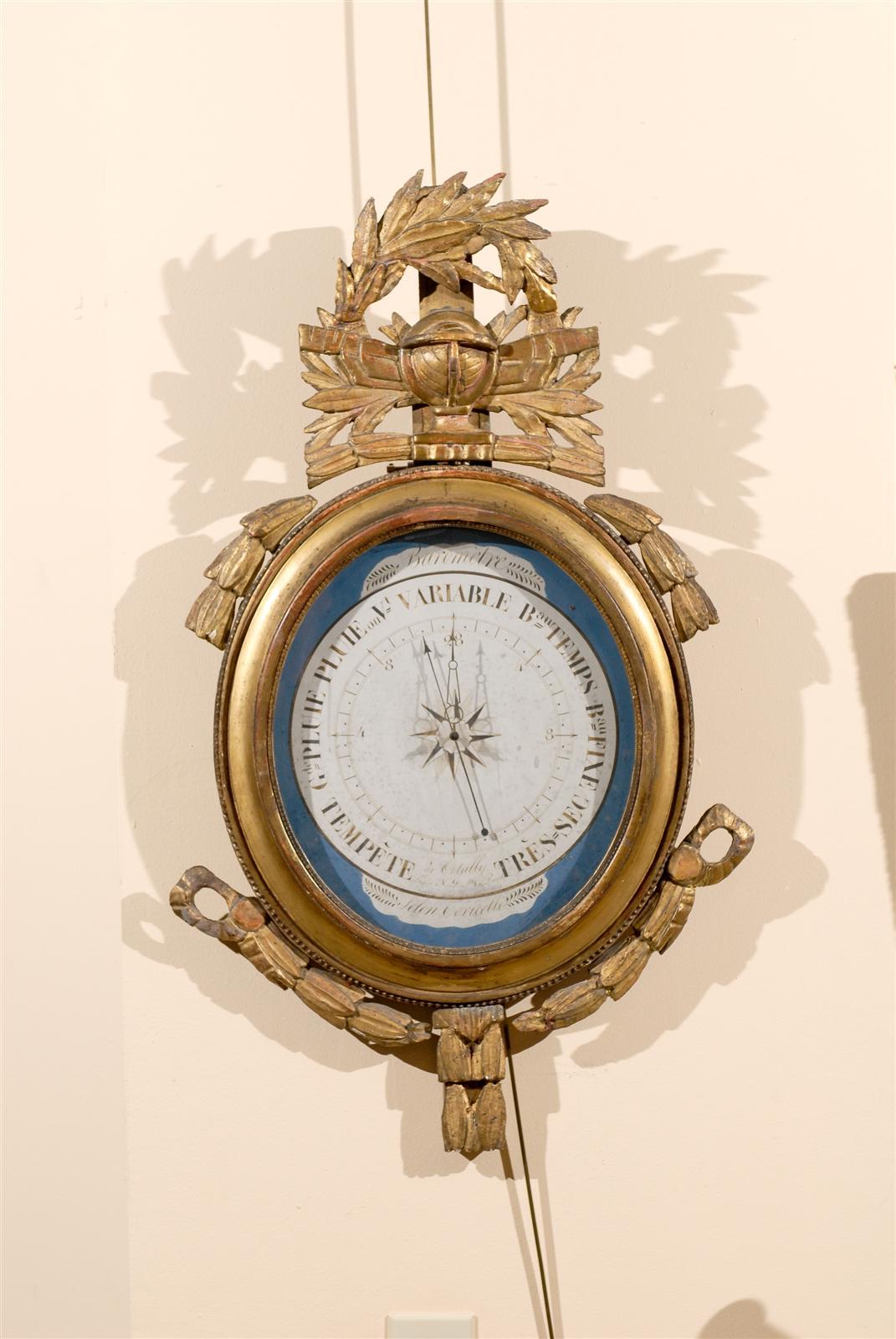 French 19th Century Louis XVI Style Giltwood Barometer with Blue Detail