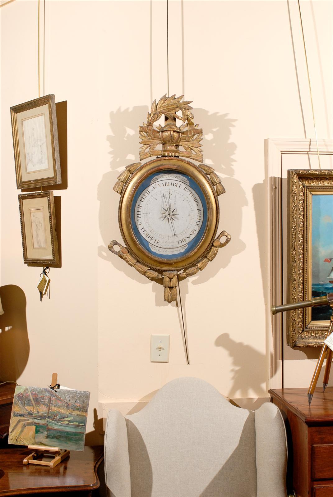 19th Century Louis XVI Style Giltwood Barometer with Blue Detail In Good Condition In Atlanta, GA