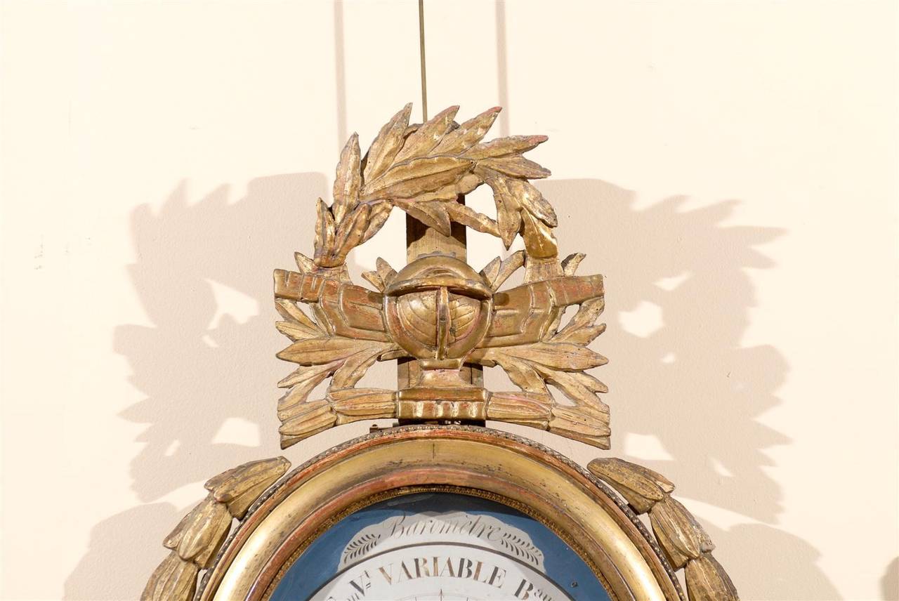19th Century Louis XVI Style Giltwood Barometer with Blue Detail 1