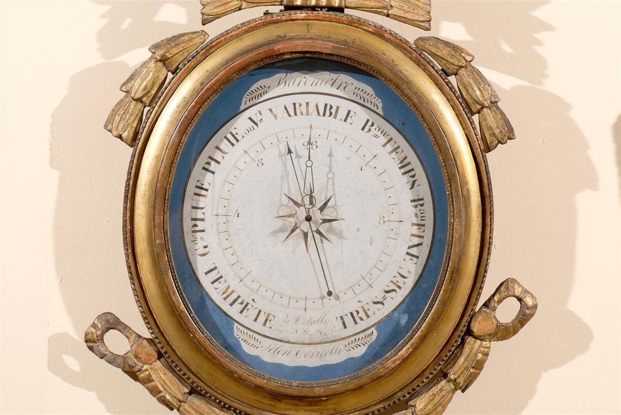 19th Century Louis XVI Style Giltwood Barometer with Blue Detail 5