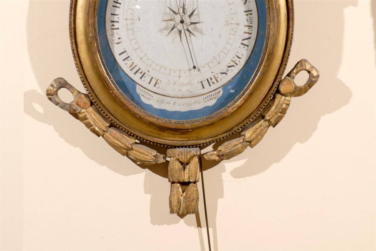 19th Century Louis XVI Style Giltwood Barometer with Blue Detail 2