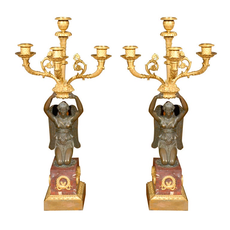 Pair of Fine Empire Patinated & Gilt Bronze Candelabras