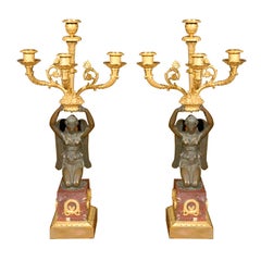 Antique Pair of Fine Empire Patinated & Gilt Bronze Candelabras