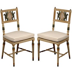 Pair of 19th Century Neoclassical Polychrome Painted and Caned Chairs