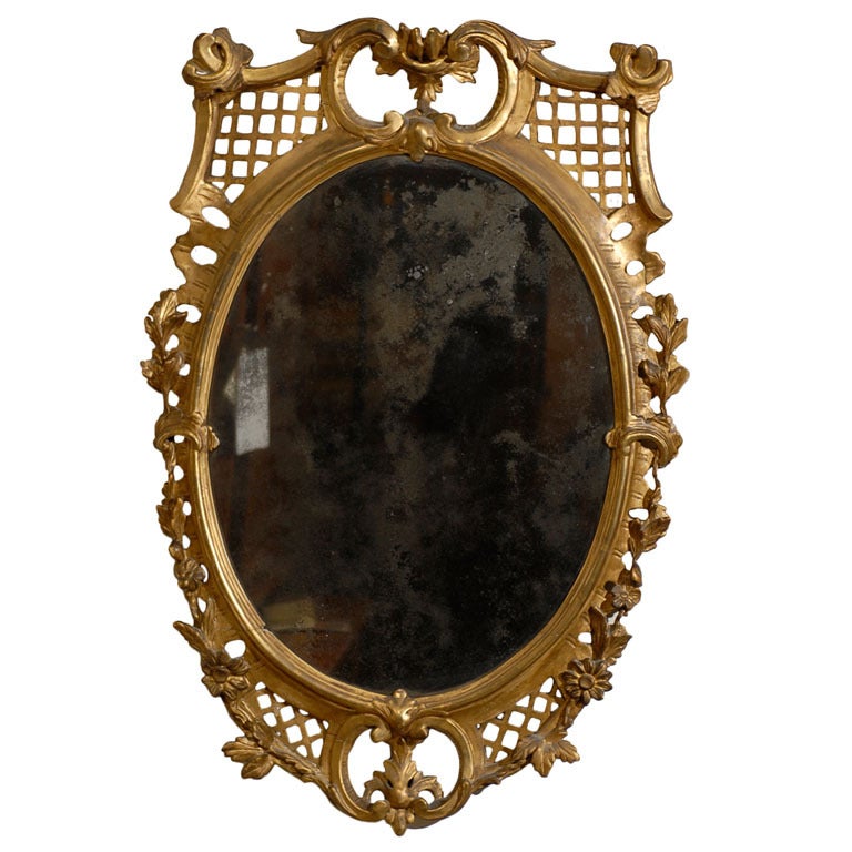 19. Jahrhundert Oval vergoldet-Holz-Spiegel mit Fret Arbeit & Blumen