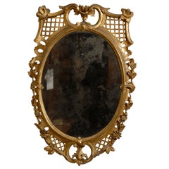 19th Century Oval Gilt-Wood Mirror with Fret Work & Flowers