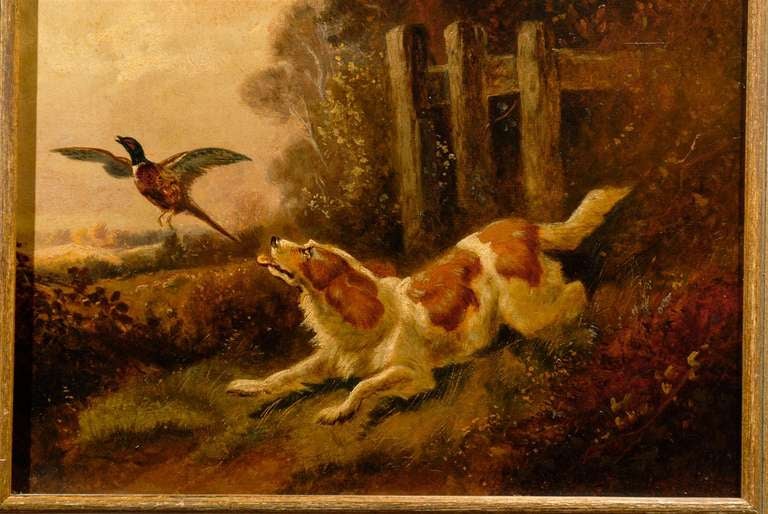 Pair of 19th Century Framed Oil On Canvas Paintings of Bird Dogs at 1stDibs