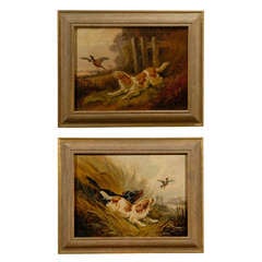 Pair of 19th Century Framed Oil On Canvas Paintings of Bird Dogs
