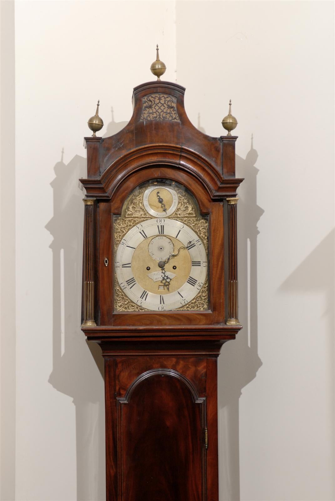 18th Century English Mahogany Tall Case Clock with Brass and Steel Face 4