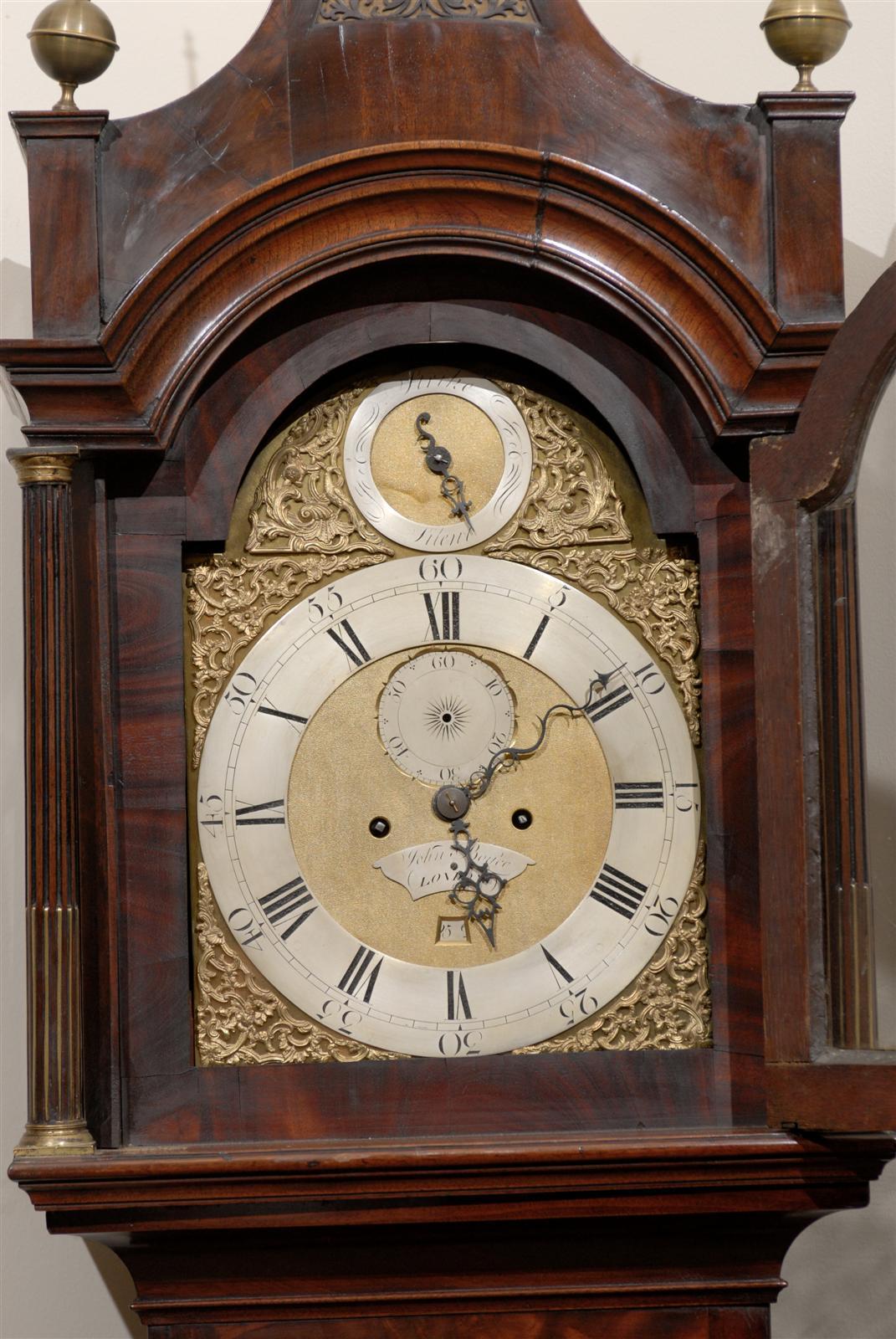 18th Century English Mahogany Tall Case Clock with Brass and Steel Face In Excellent Condition In Atlanta, GA