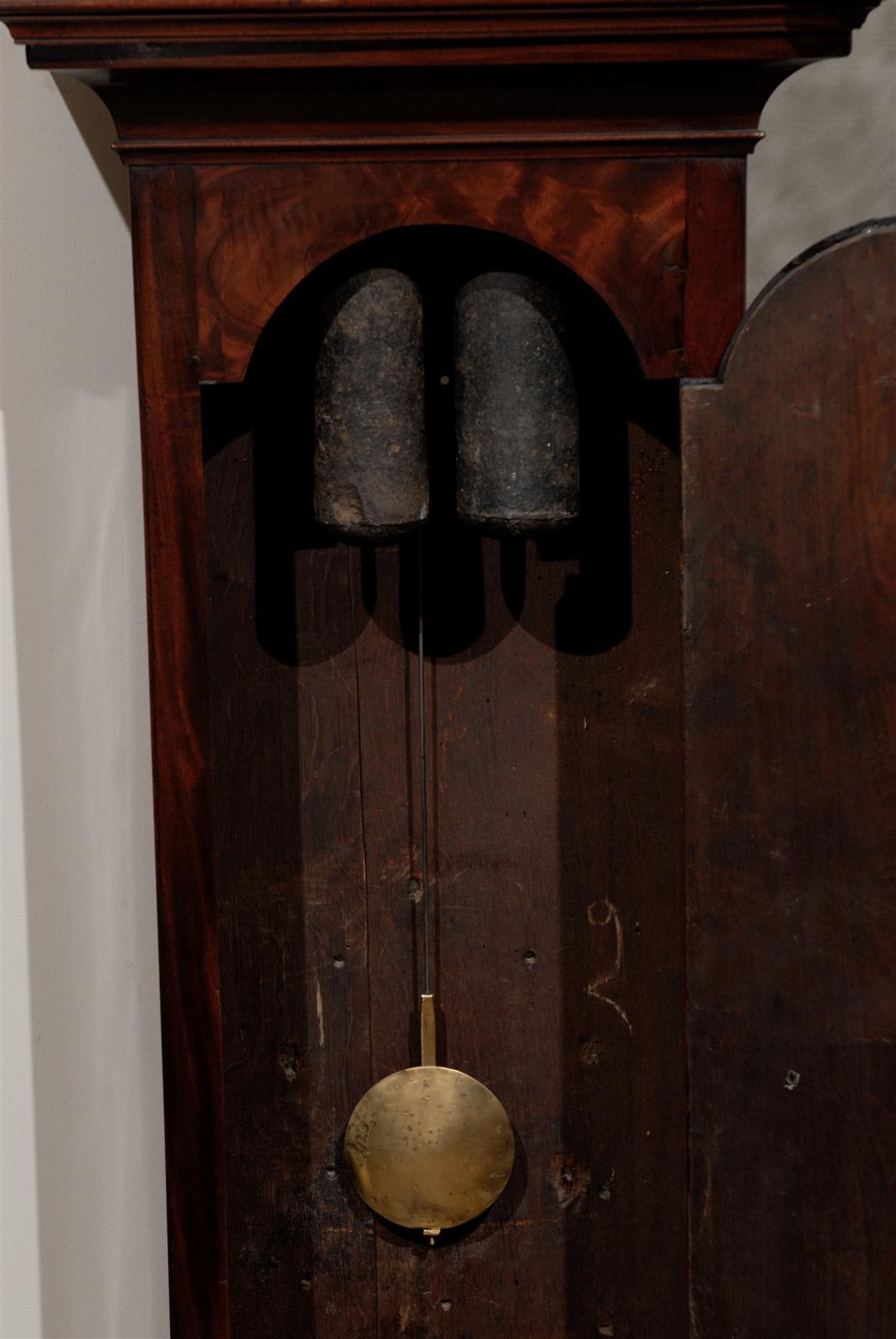 18th Century English Mahogany Tall Case Clock with Brass and Steel Face 1