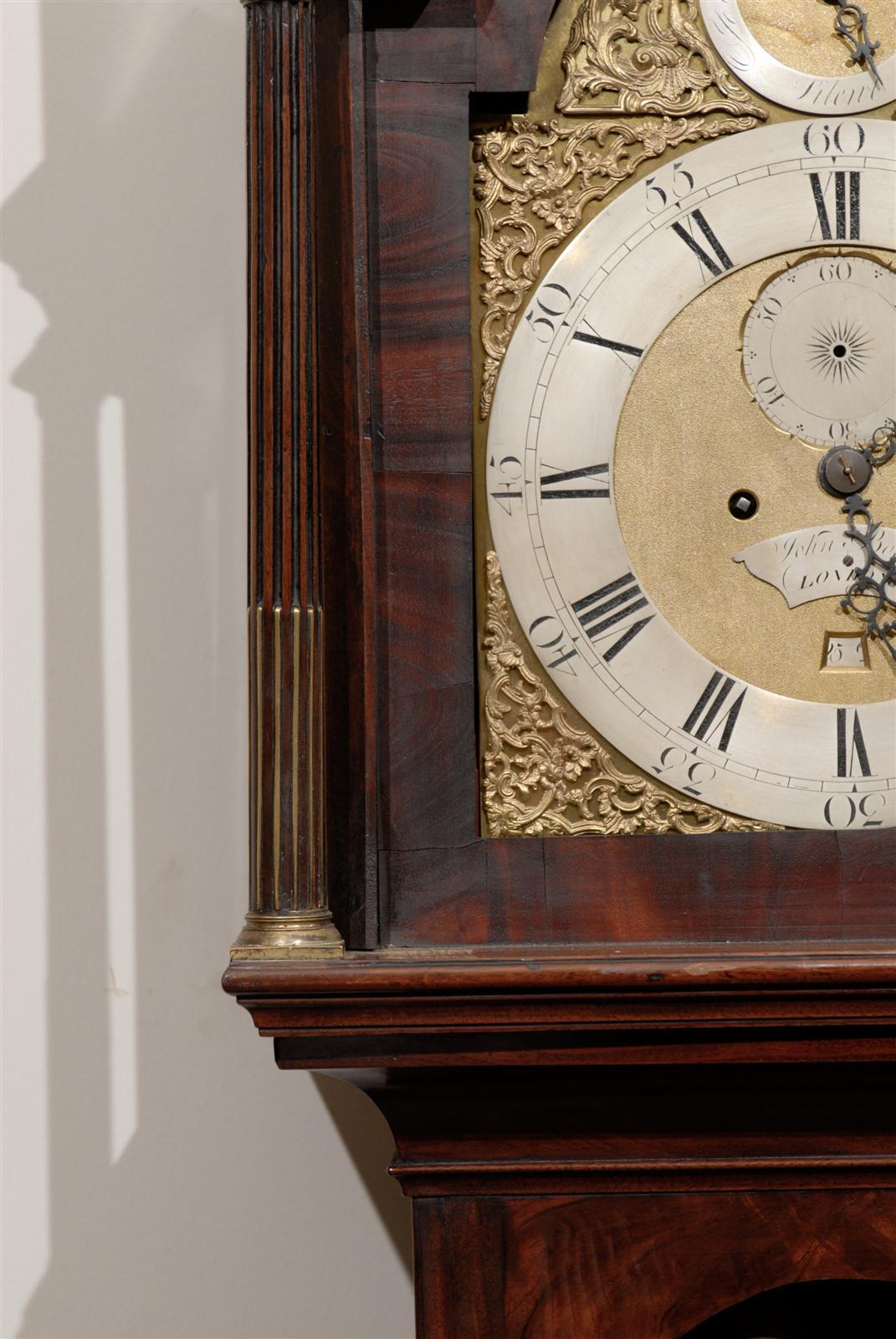 18th Century and Earlier 18th Century English Mahogany Tall Case Clock with Brass and Steel Face