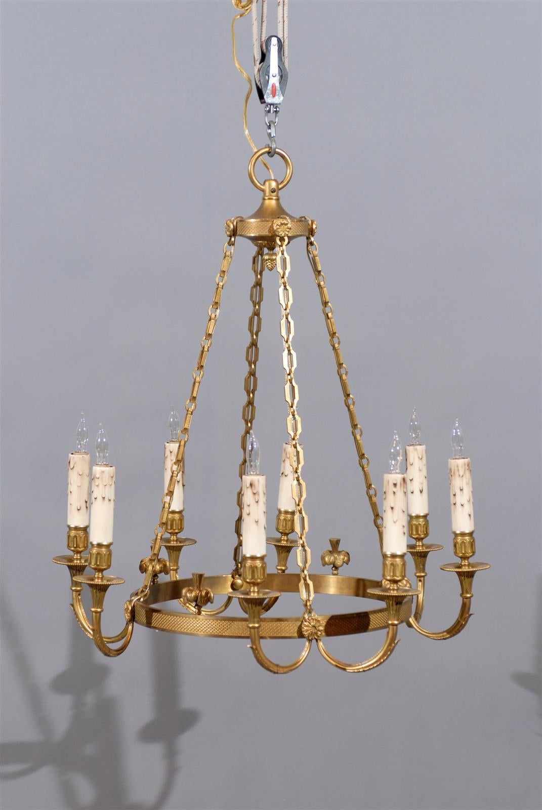 Neoclassical Style French Round Bronze Doré Six-Light Chandelier, 20th Century In Excellent Condition In Atlanta, GA