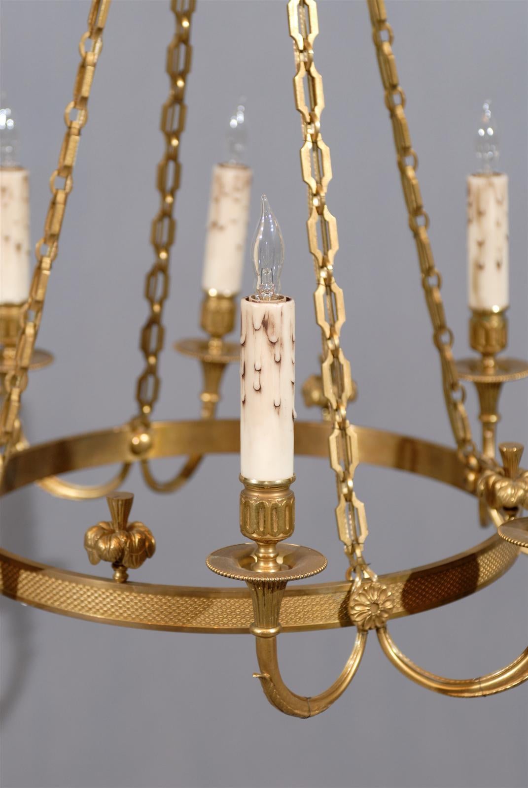 Neoclassical Style French Round Bronze Doré Six-Light Chandelier, 20th Century 6