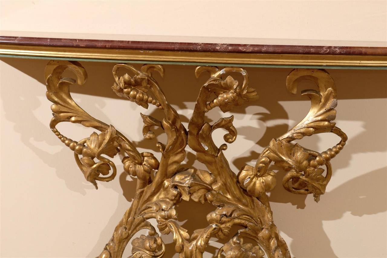 19th Century Italian Narrow Console Table with Marble Top and Gilt Carved Base