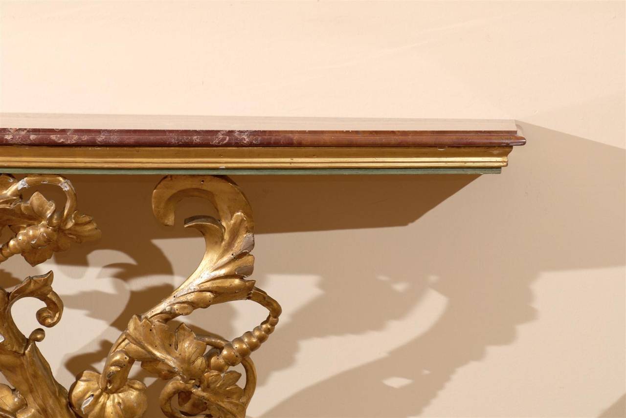Italian Narrow Console Table with Marble Top and Gilt Carved Base 2