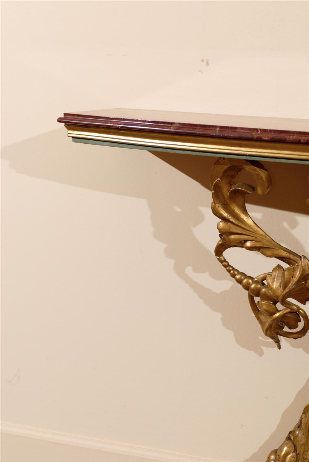 Italian Narrow Console Table with Marble Top and Gilt Carved Base 4