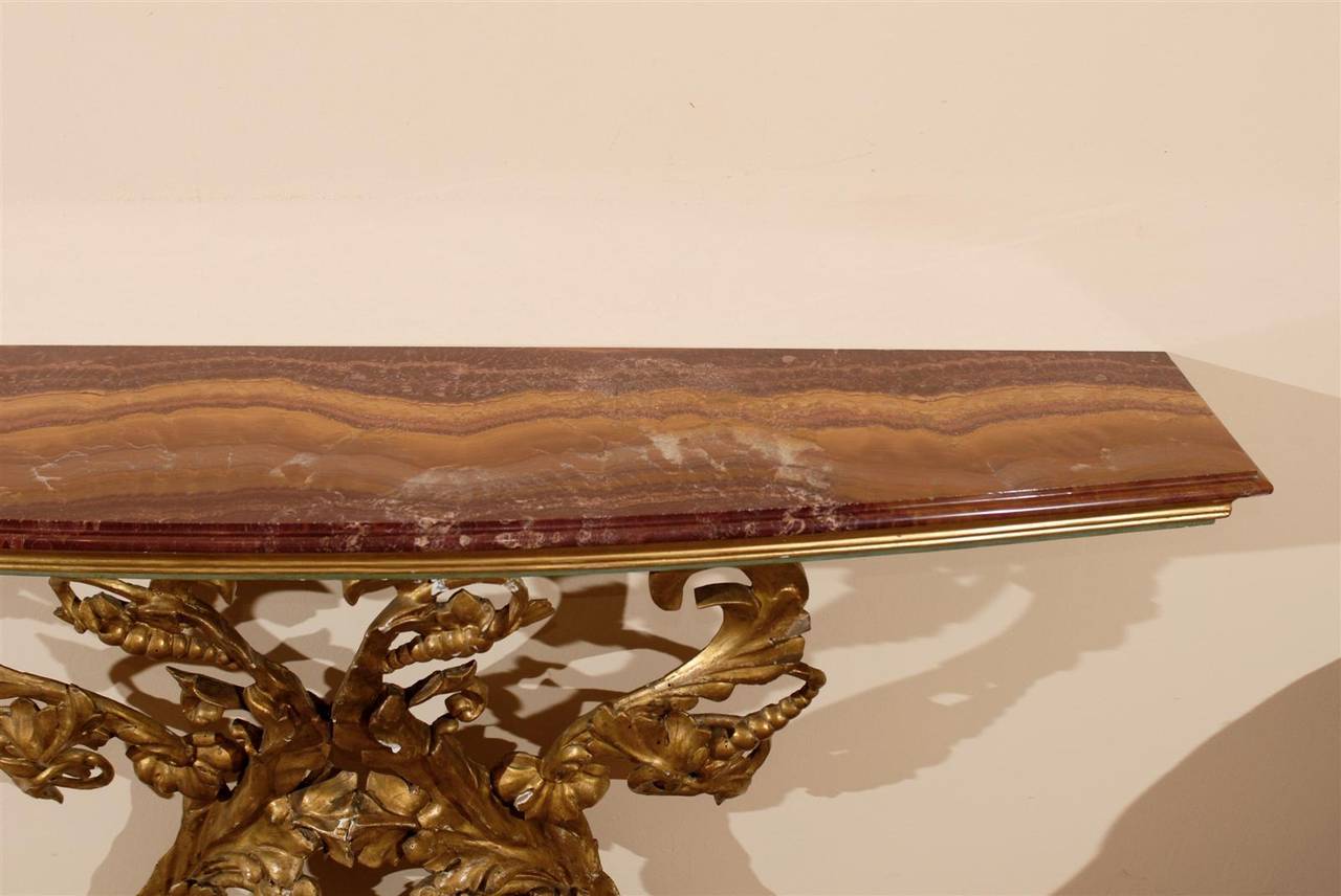 Italian Narrow Console Table with Marble Top and Gilt Carved Base 1