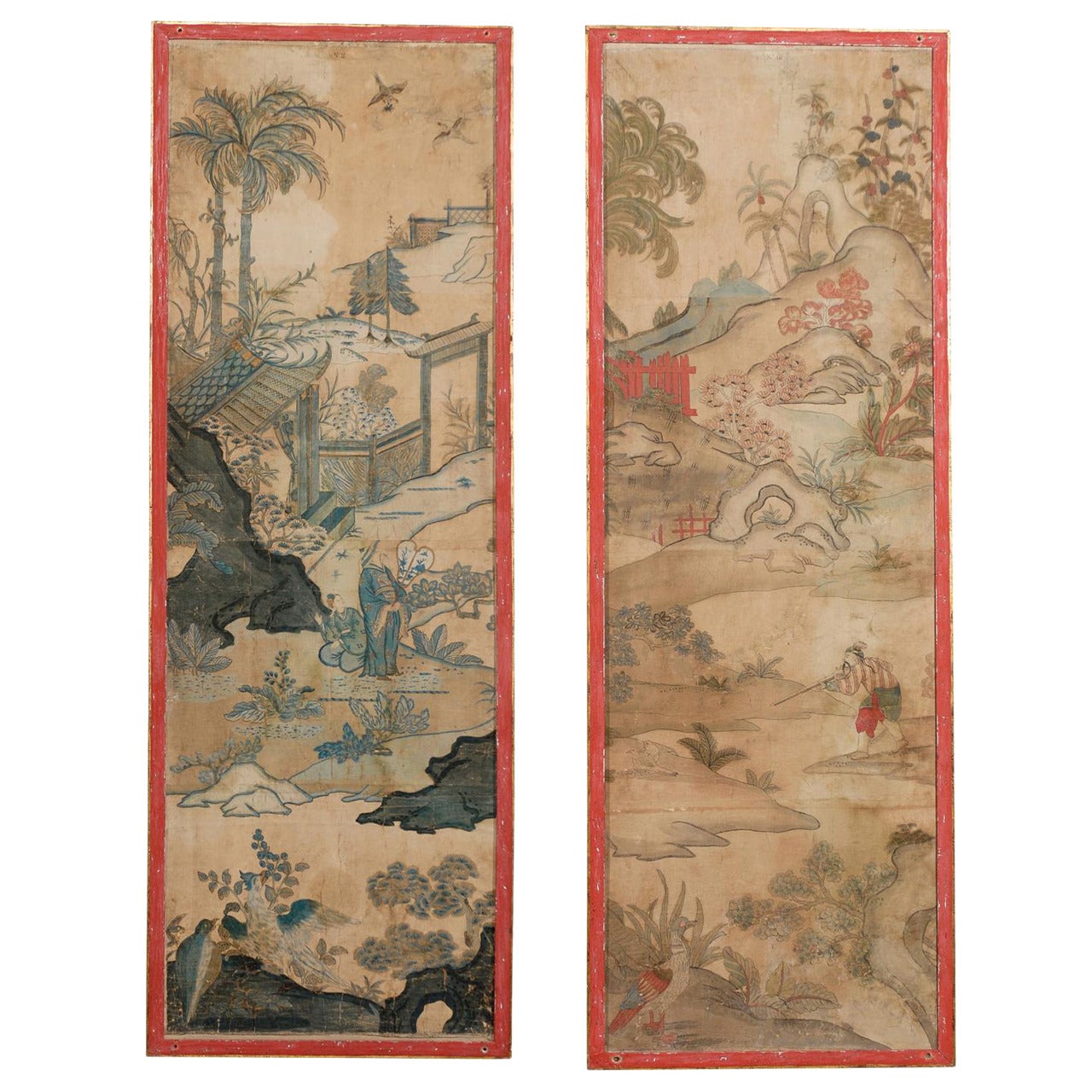 Pair of Large Framed 19th Century Chinoiserie Design Paper Panels