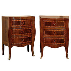 Pair of Italian Walnut Bedside Serpenntine Inlaid Commodes