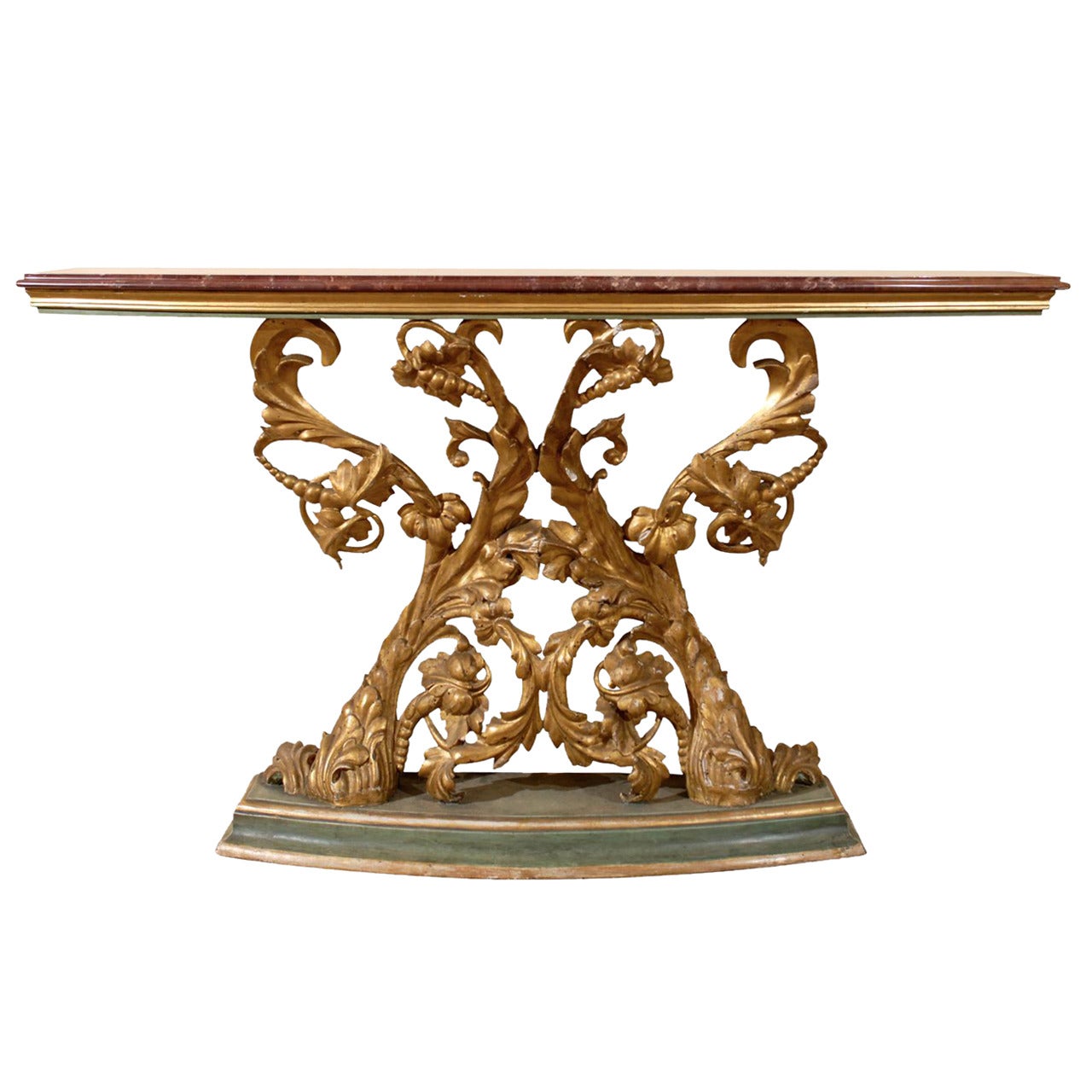 Italian Narrow Console Table with Marble Top and Gilt Carved Base