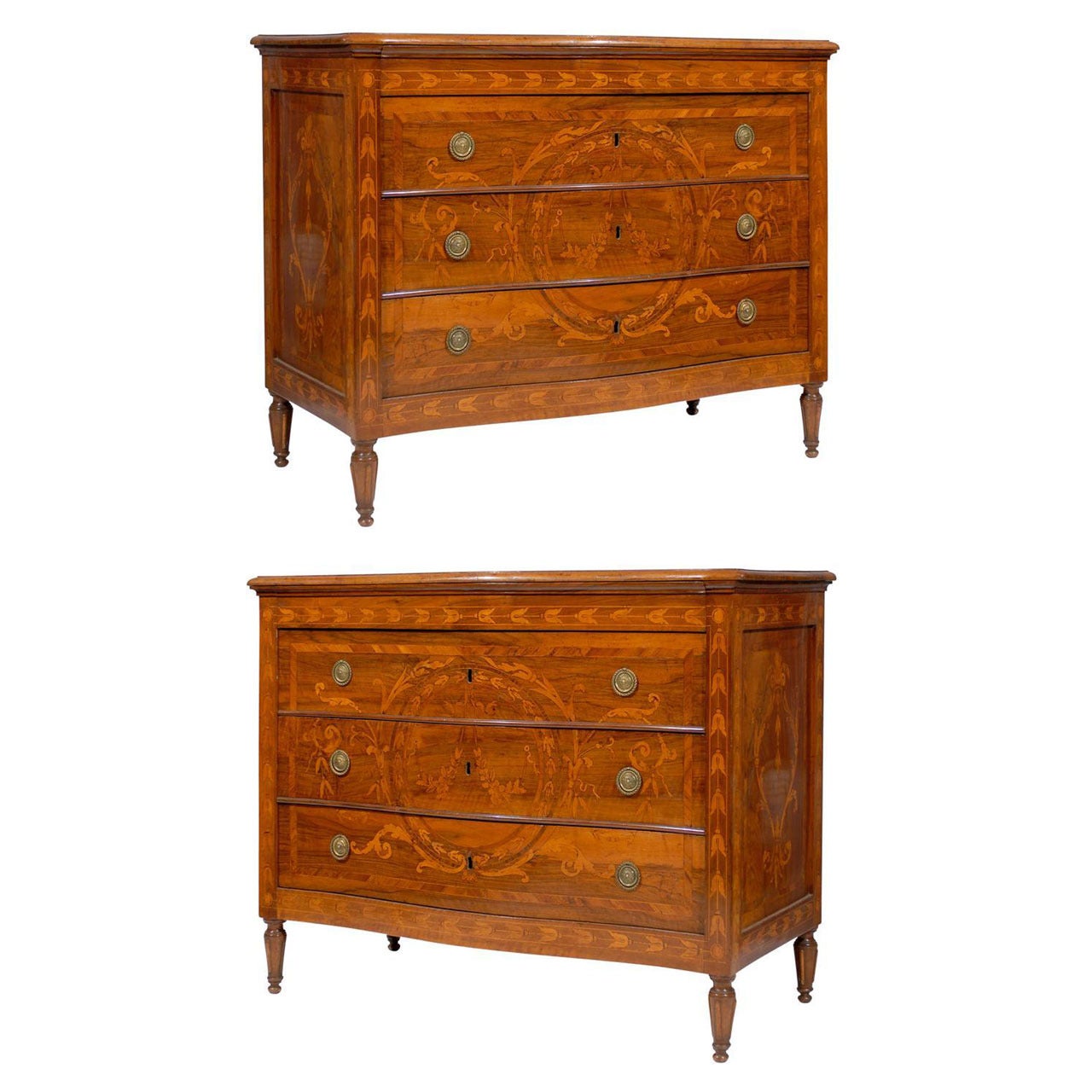 Pair of Late 18th Century Italian Neoclassical Walnut Commodes with Marquetry For Sale