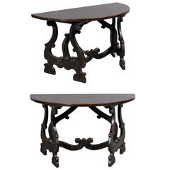 Pair of Italian Demilune Walnut Consoles with Lyre Shaped Legs, circa 1890