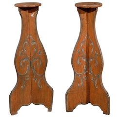 Used Pair of Italian Polychrome Painted Torchieres and Pedestals
