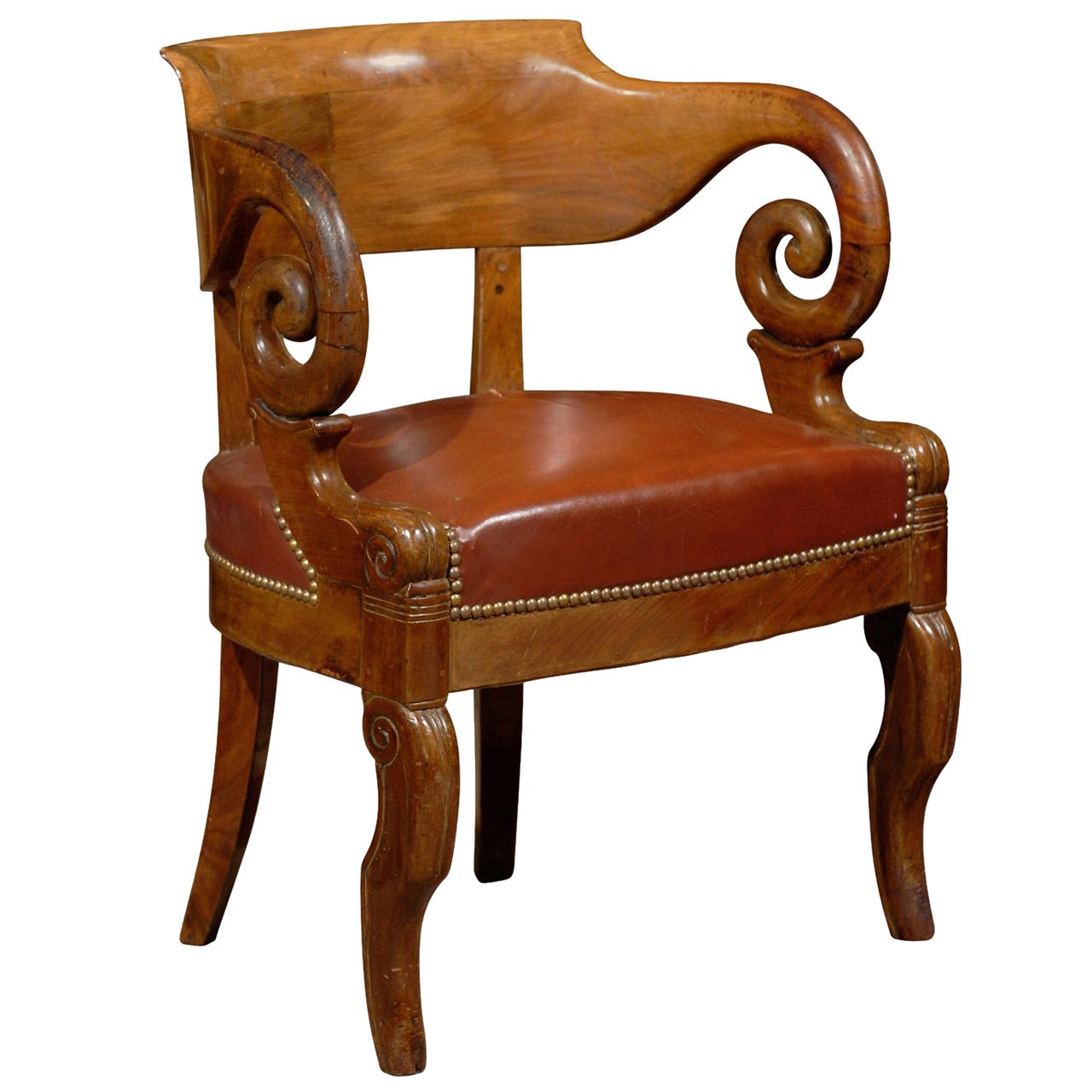 Early 19th Century French Restoration Period Walnut Desk Chair with Leather Seat