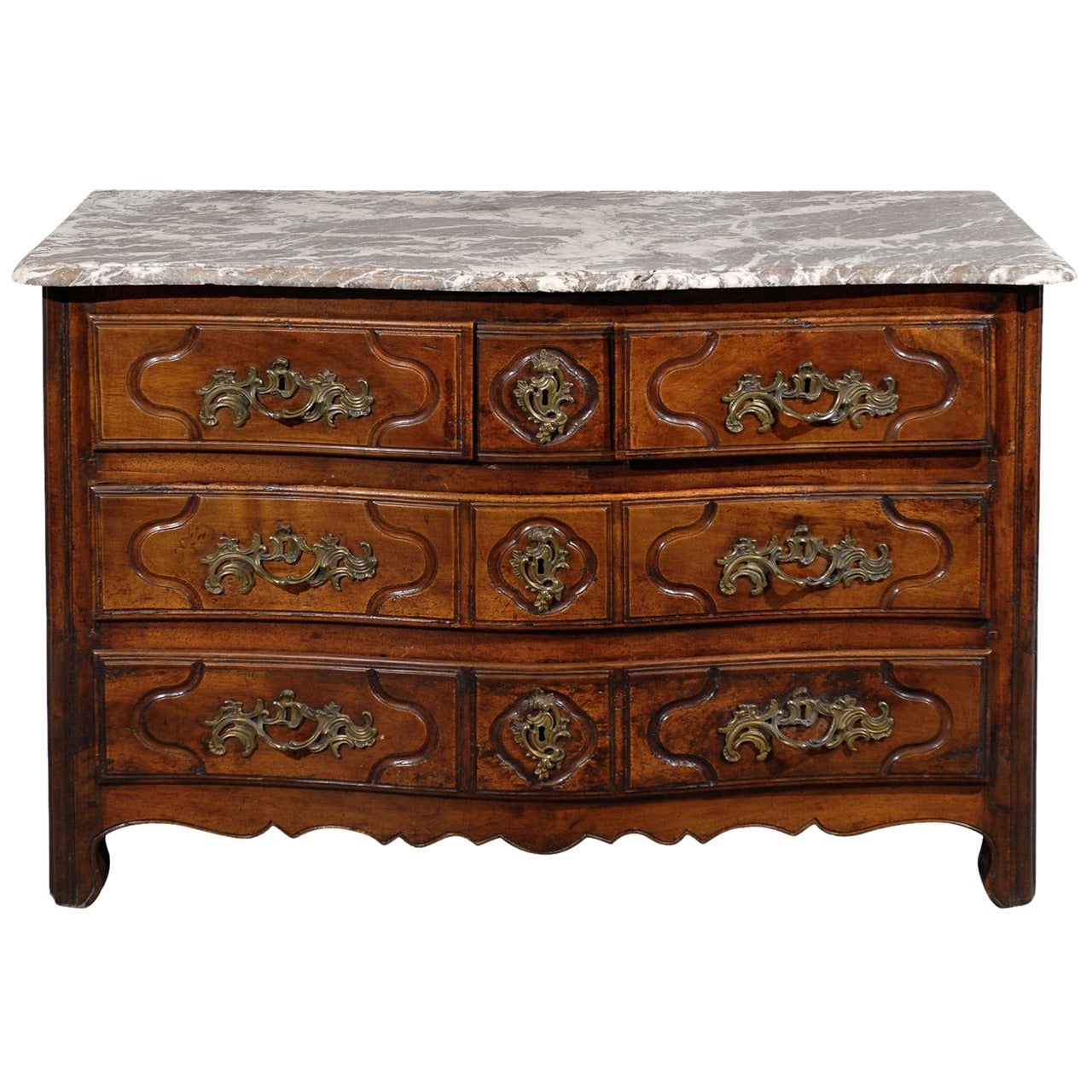 18th Century Provincial Louis XV Walnut, Three-Drawer Commode with Marble Top